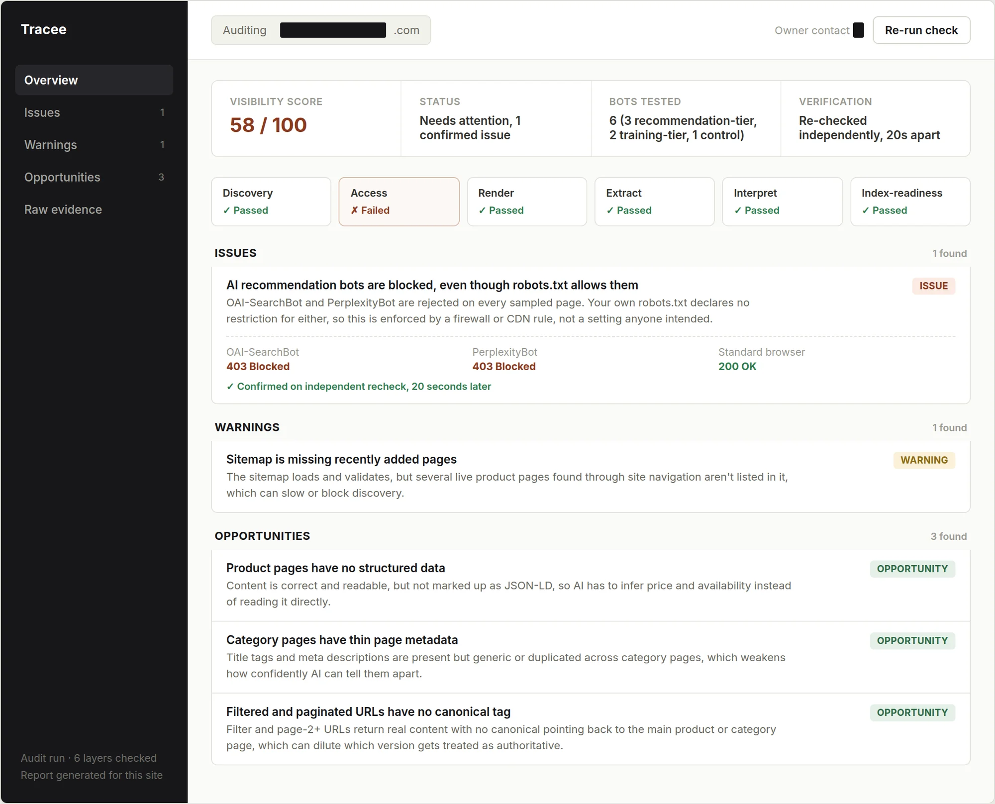Sample report: AI recommendation bots blocked at the firewall even though robots.txt allows them, with per-bot status codes as evidence.